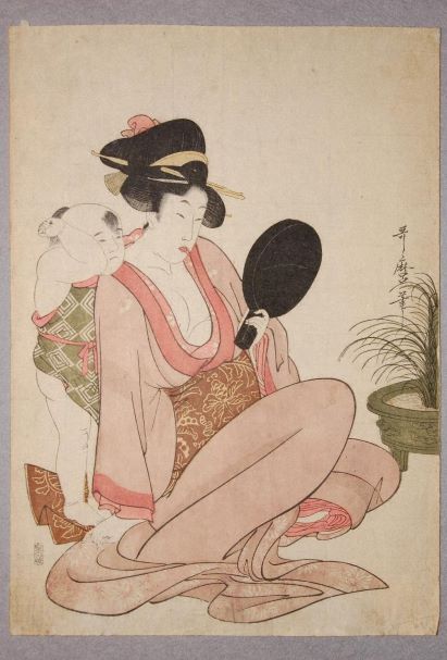 喜多川歌麿「手鑑の母子」（文化元年）の画像。