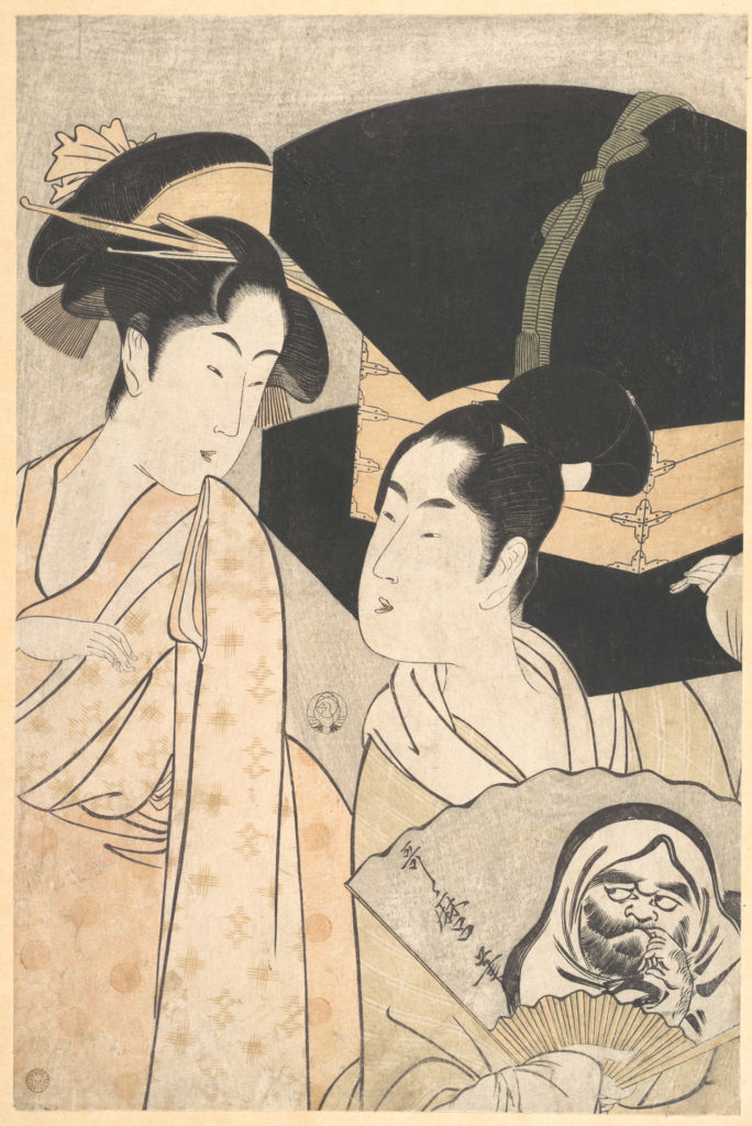 「（扇売りと女）」（喜多川歌麿、大英博物館）の画像。
