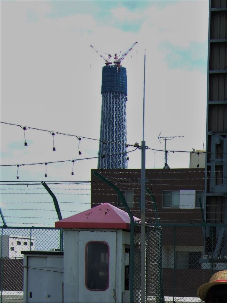 浅草松屋デパート屋上遊園から見た建設中の東京スカイツリー（2009）の画像。