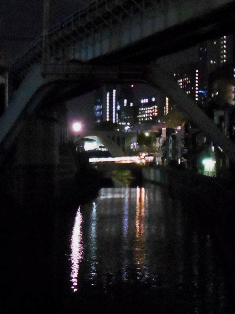夜の地下鉄丸ノ内線神田川橋梁の画像。