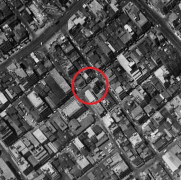 昭和38年撮影の空中写真（国土地理院Webサイトより、MKT636-C8-23（1963・6・26）【緑橋部分に加筆】）の画像。
