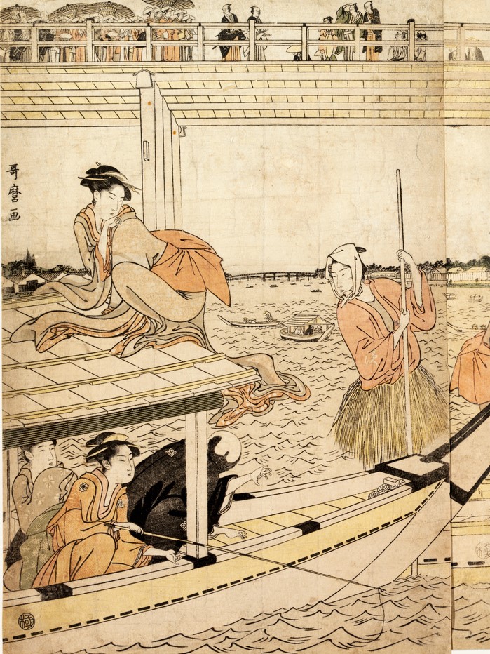「（両国橋下魚取）」（喜多川歌麿、メトロポリタン美術館【部分】）の画像。