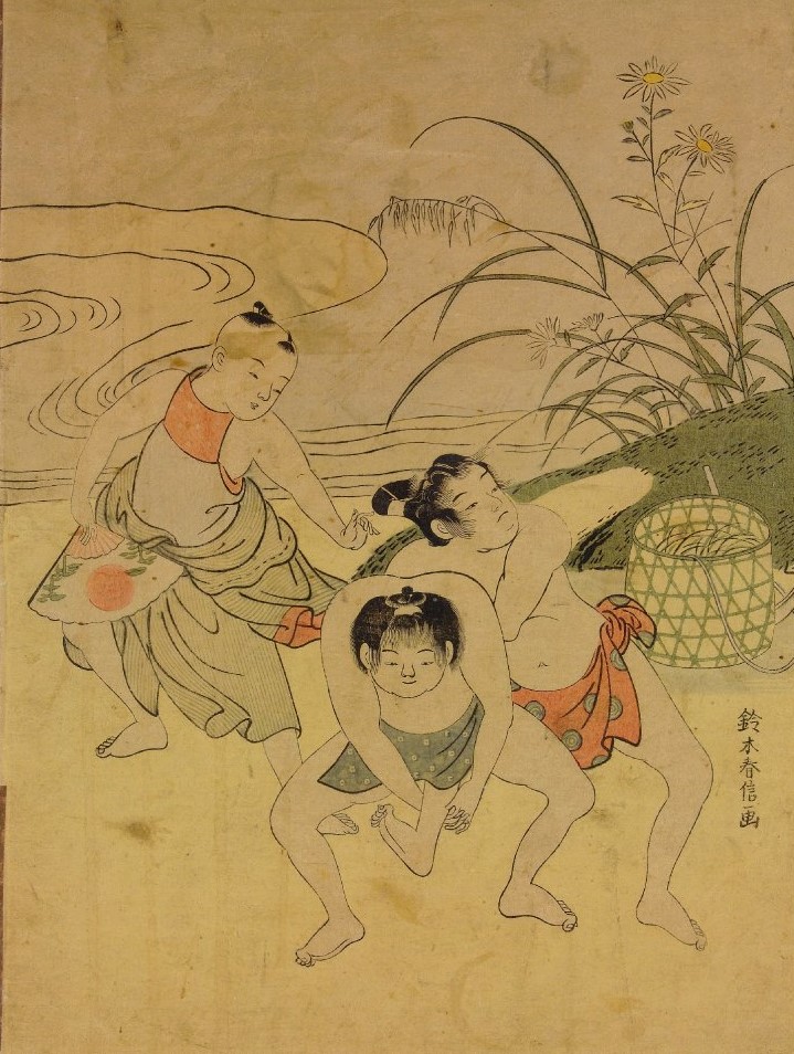 「（相撲を取る子供）」（鳥居春信、大英博物館）の画像。