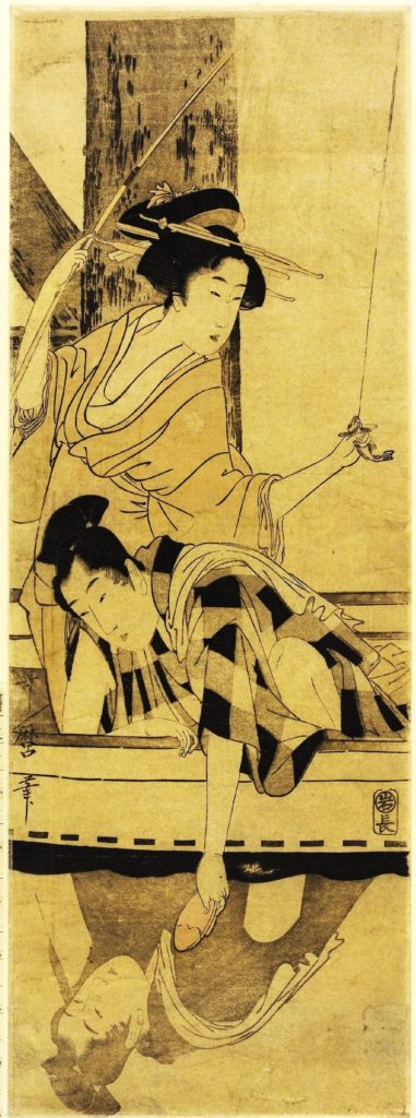 両国橋下のハゼ釣り（「（船中男女図）」喜多川歌麿、大英博物館）の画像。