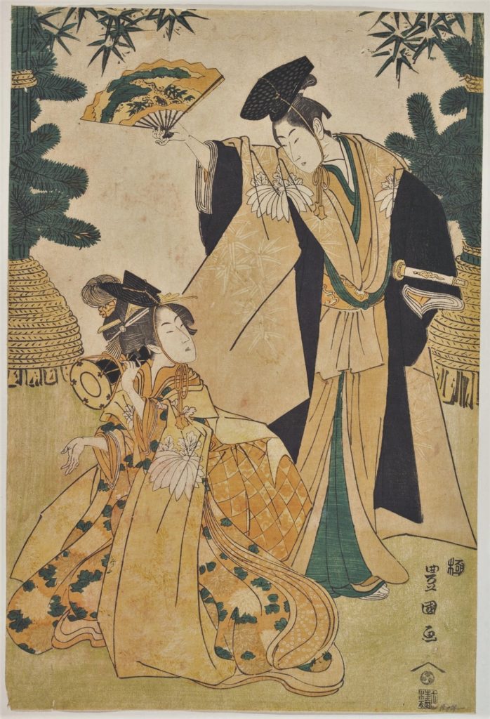 「（鼓を打つ女と舞う女）」（歌川豊国（初代）、メトロポリタン美術館）の画像。
