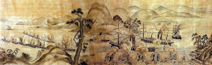 『馬關戰争圖』(部分)、藤島常興 筆、下関市立長府博物館収蔵(Wikipediaより20210228ダウンロード）の画像。