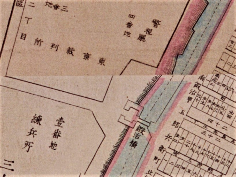 「上屋敷跡（警視庁）」（『明治東京全図』明治9年（1876）国立公文書館デジタルアーカイブ ）の画像。