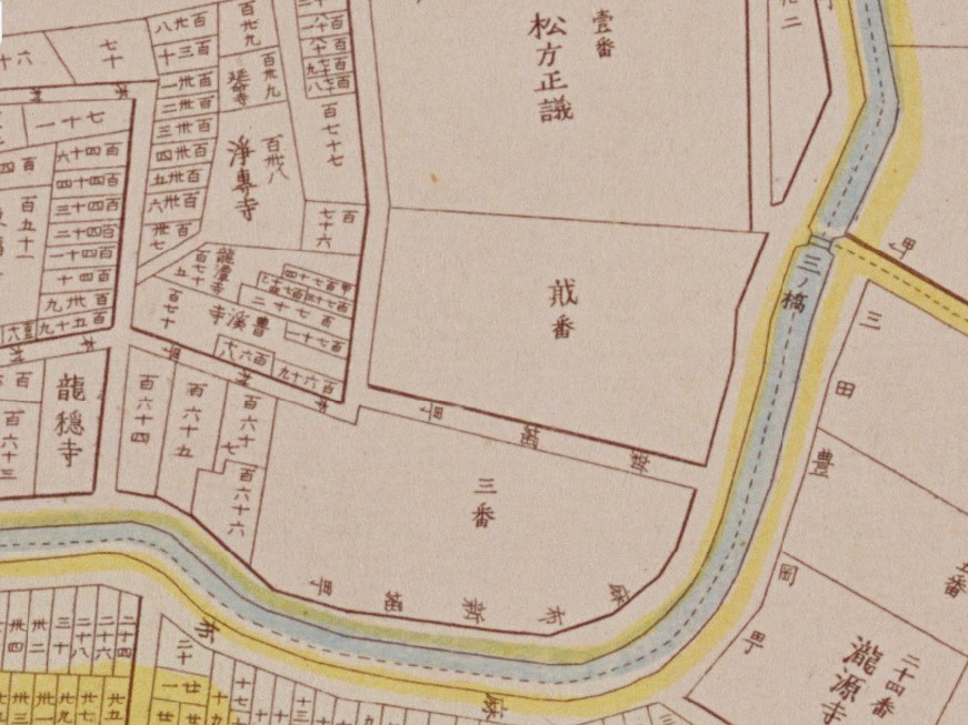 「明治東京全図」（旧飯田藩下屋敷周辺）（明治9年、国立公文書館デジタルアーカイブ）の画像。 