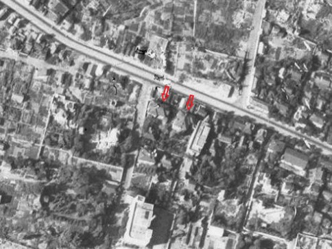 東鳥居坂屋敷、昭和22年撮影空中写真（国土地理院Webサイトより、USA-M449-72〔部分に加筆〕）の画像。