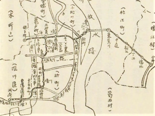 「城東電気軌道路線図」（『東京市郊外に於ける交通機関の発達と人口の増加』東京市編（東京市、1928）国立国会図書館デジタルコレクション ）の画像。