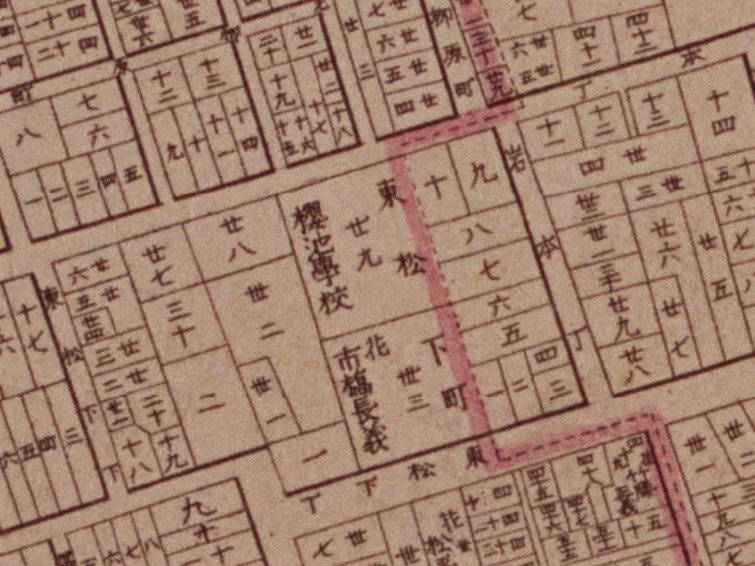 市橋子爵東松下邸（「明治東京全図」明治9年（1876）国立公文書館デジタルアーカイブ〔部分〕）の画像。 