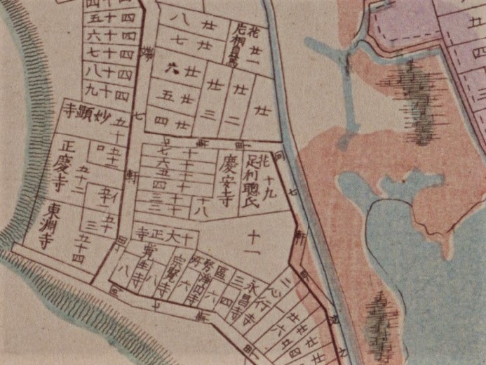 足利家池之端邸（「明治東京全図」〔部分〕明治9年（1876）国立公文書館デジタルアーカイブ）の画像。 