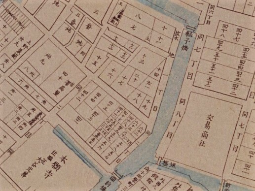天童藩築地下屋敷跡付近（「明治東京全図」明治9年（1876）国立公文書館デジタルアーカイブ ）の画像。