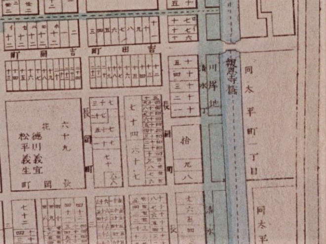 勝山藩下屋敷跡付近（「明治東京全図」〔部分〕明治9年（1876）国立公文書館デジタルアーカイブ） の画像。