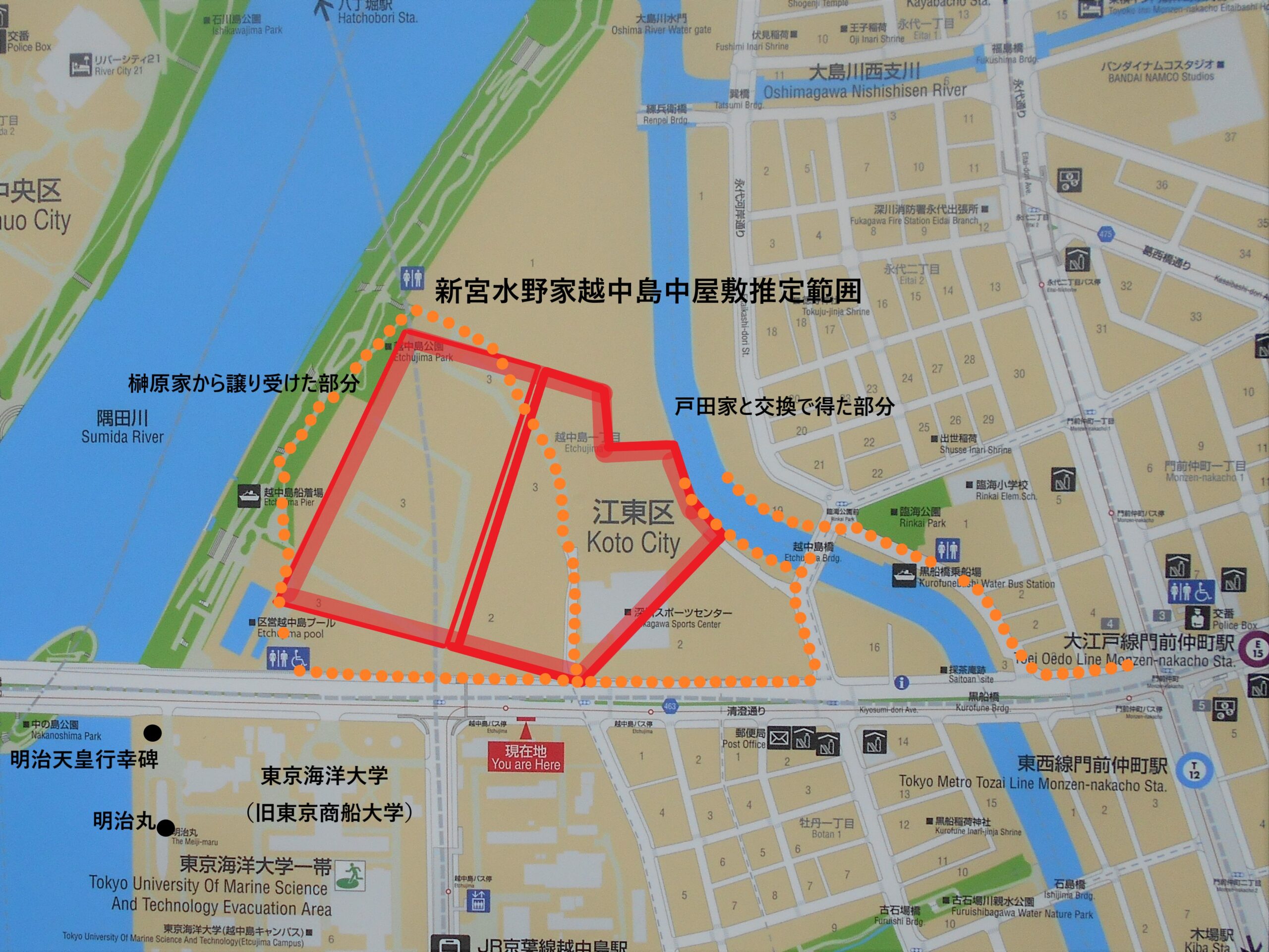 越中島中屋敷コースマップの画像。