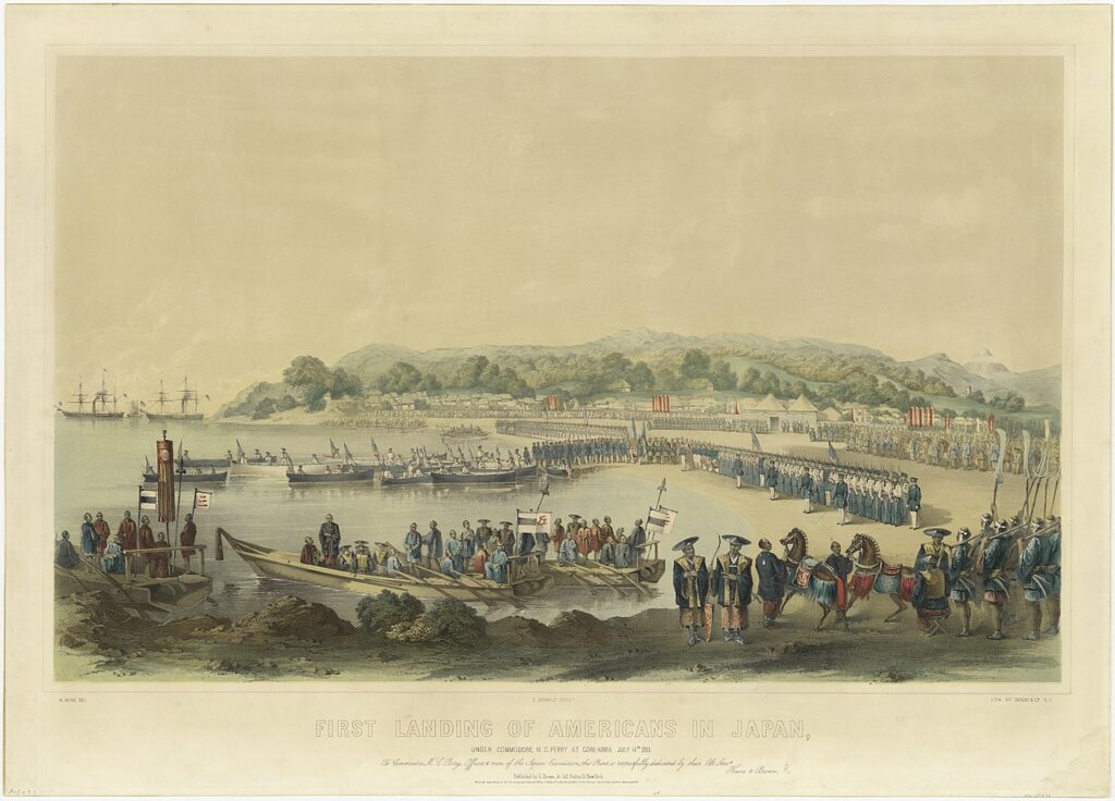 1853年7月14日、ペリー提督一行初上陸の図（Wikipediaより20220706ダウンロード）の画像。